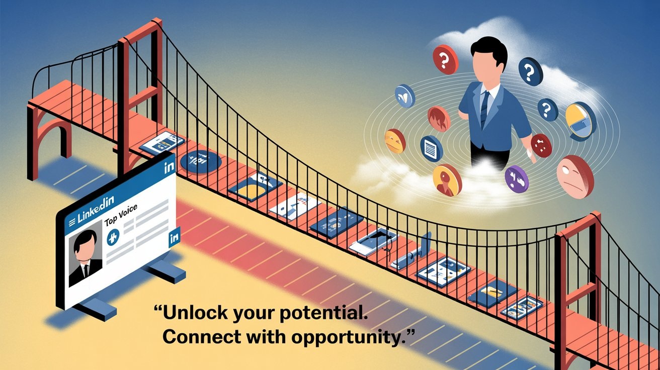 3D bridge connecting seller and buyer profiles via content planks, with credibility badges and pain point solutions. Isometric illustration