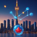 A futuristic Toronto skyline at dusk, with the CN Tower illuminated in gold and blue, linking Canadian landmarks to LinkedIn growth elements