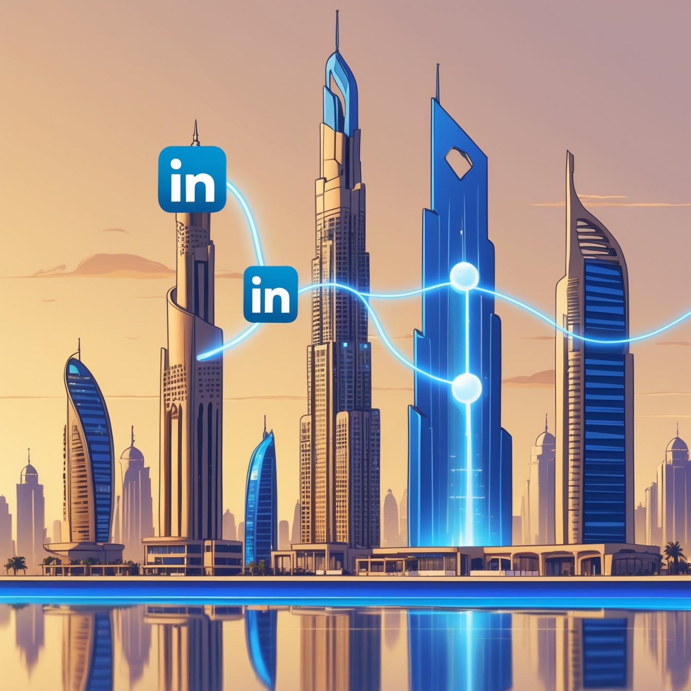 Modern illustration blending Saudi skyline (Kingdom Centre) with LinkedIn growth graphs, and engagement icons over desert dunes