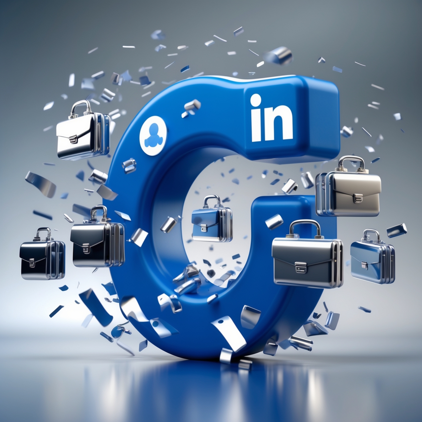 3D LinkedIn-blue magnet pulling in ideal leads (briefcases) and engagement (metal shavings), while repelling spam