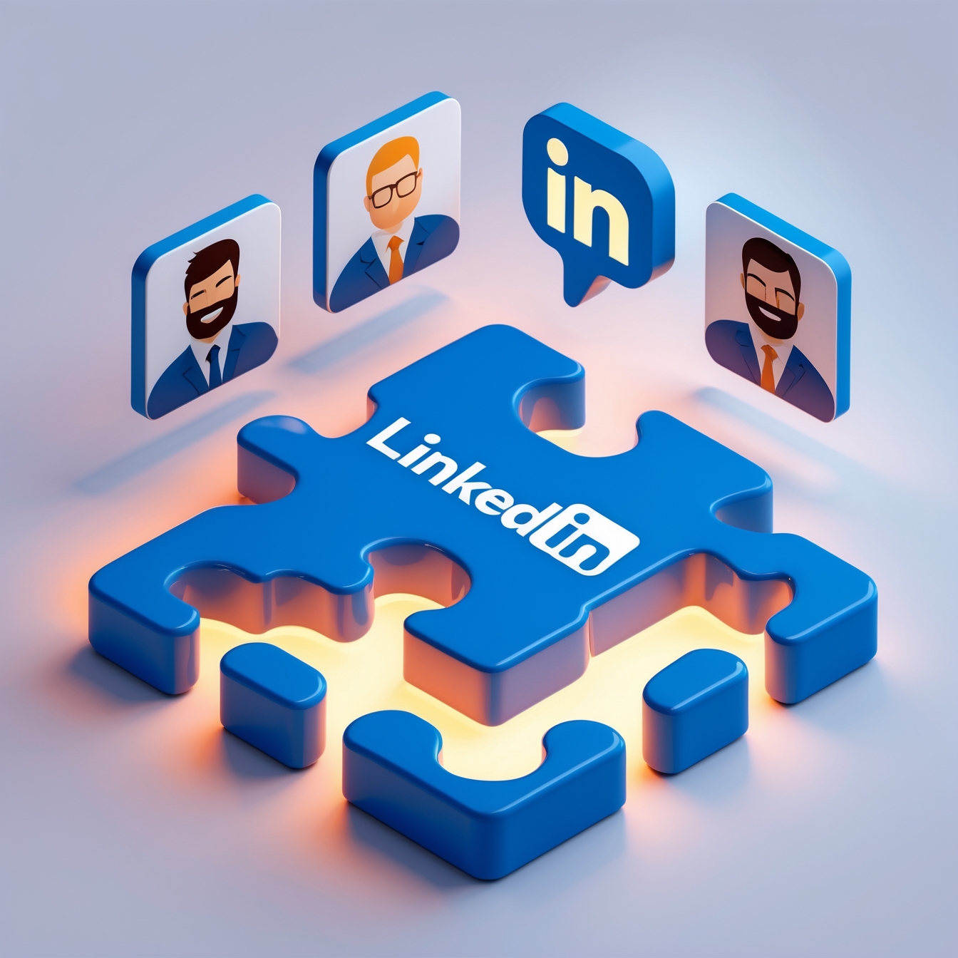 3D corporate logo puzzle with LinkedIn-shaped missing pieces (employees, engagement). Final piece triggers brand glow. Isometric style