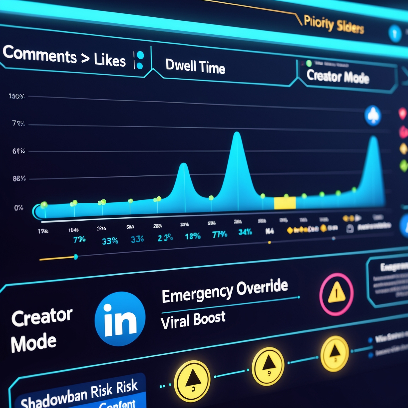Futuristic dashboard with sliders adjusting engagement factors (comments, dwell time) and live post rankings. Neon LinkedIn-themed interface
