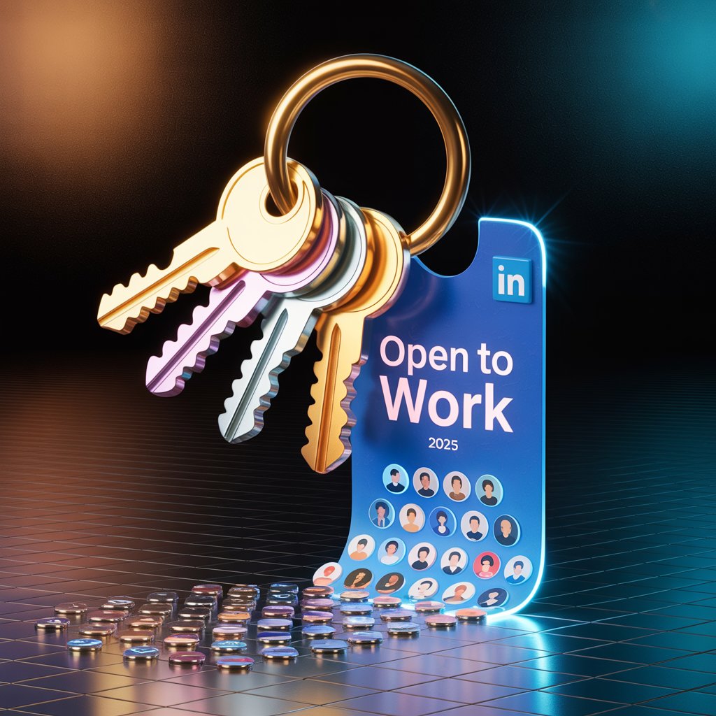Golden keyring with AI, content, profile, and network keys unlocking LinkedIn job opportunities. Futuristic 3D style with holographic effects