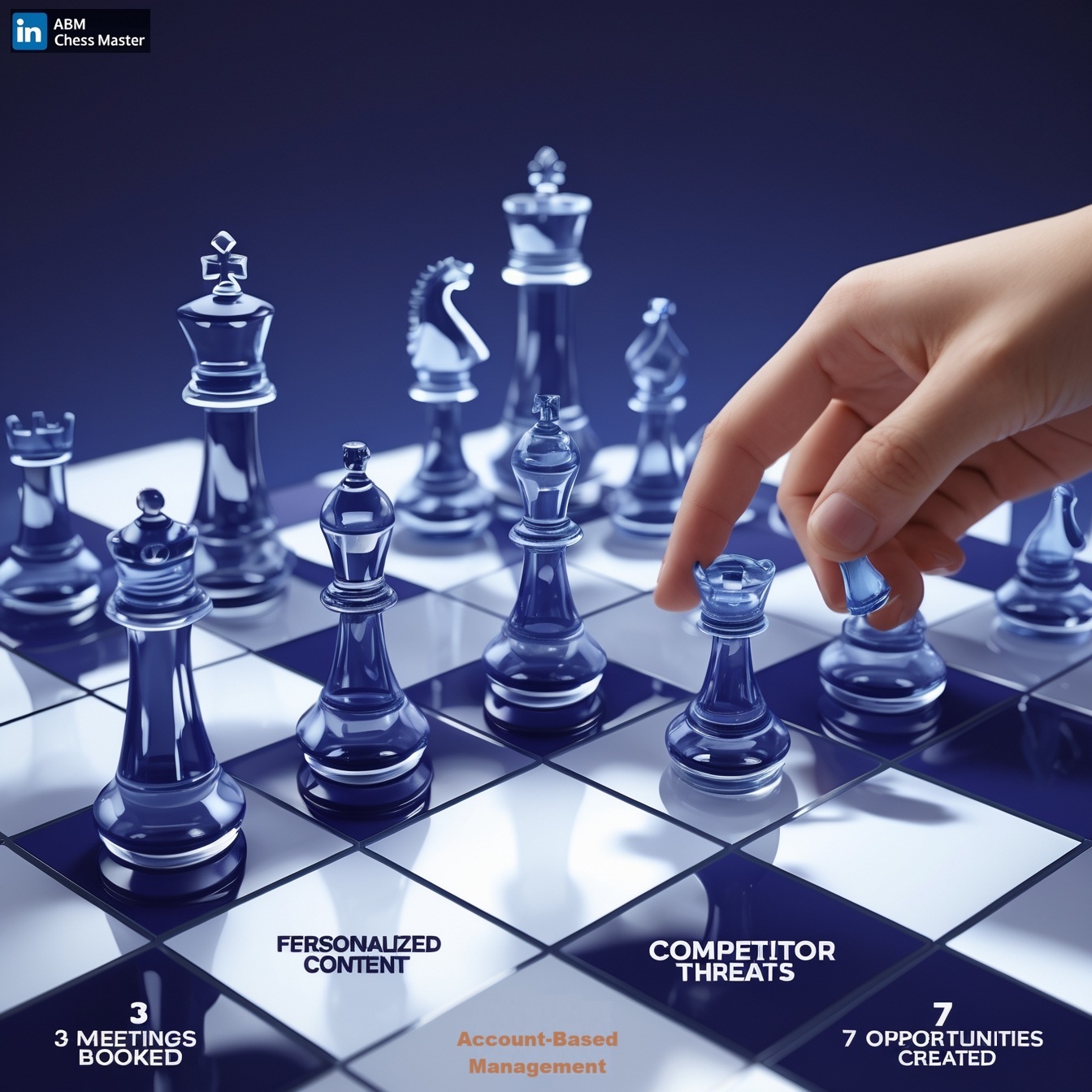 3D isometric chessboard with LinkedIn-themed pieces. A hand moves a 'personalized content' knight toward priority accounts (queens), while competitors loom on the opposite side