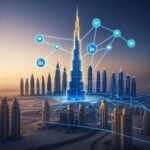 Futuristic Dubai skyline with Burj Khalifa glowing gold/blue, LinkedIn growth chart rising amid pulsating network lines and floating engagement icons