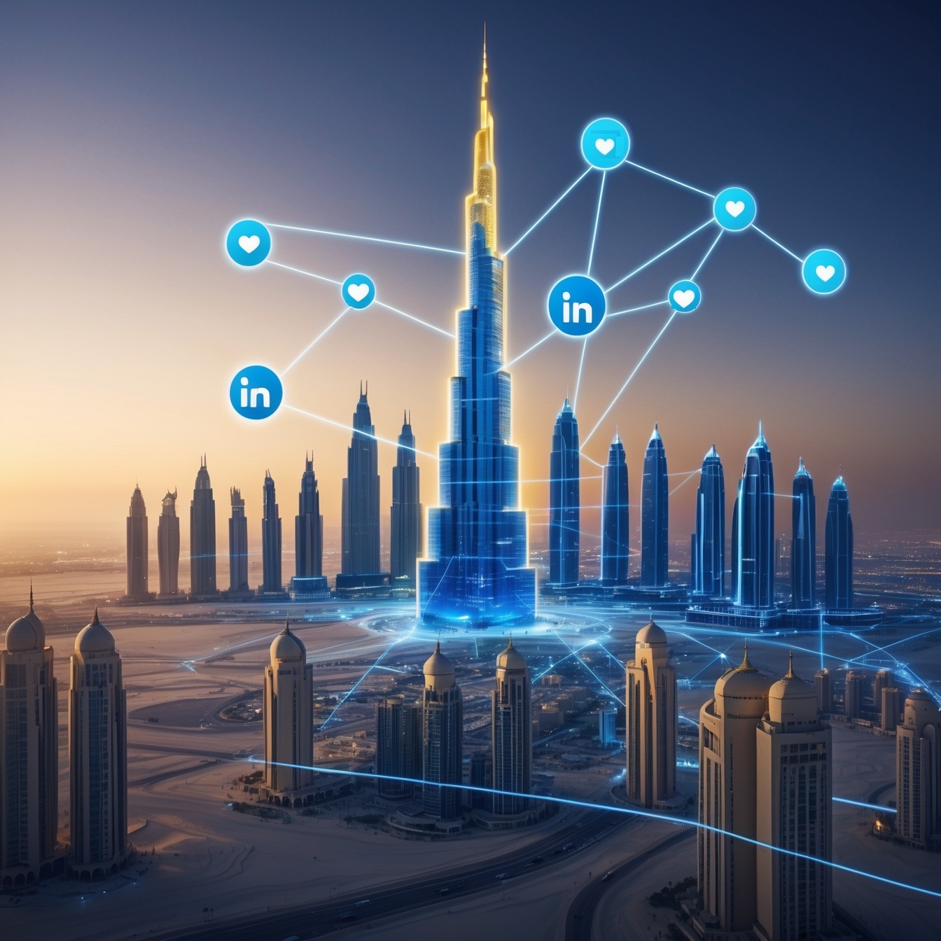 Futuristic Dubai skyline with Burj Khalifa glowing gold/blue, LinkedIn growth chart rising amid pulsating network lines and floating engagement icons