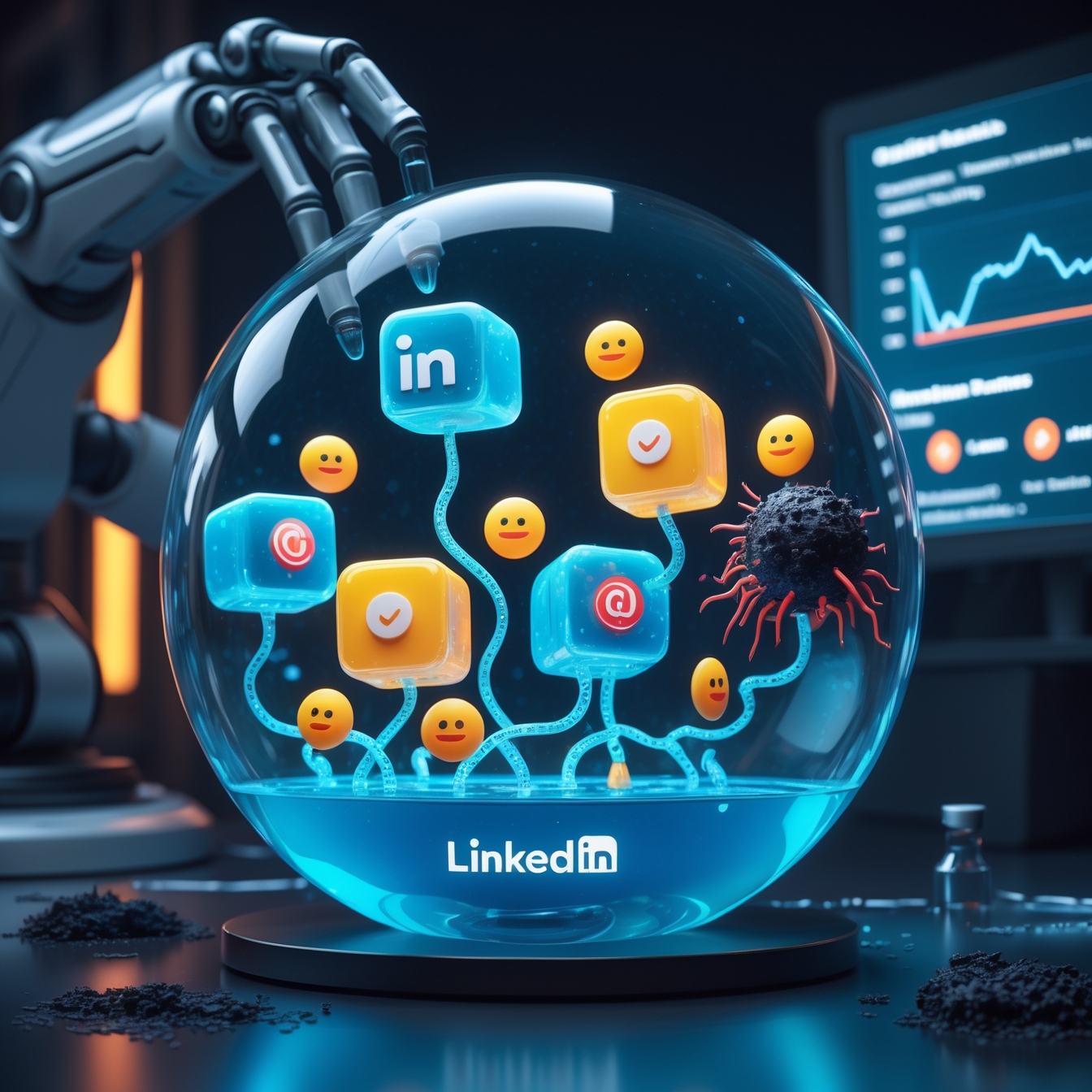 Scientific illustration showing LinkedIn posts as organisms in a lab dish, with viral content glowing and spam being filtered out by AI systems