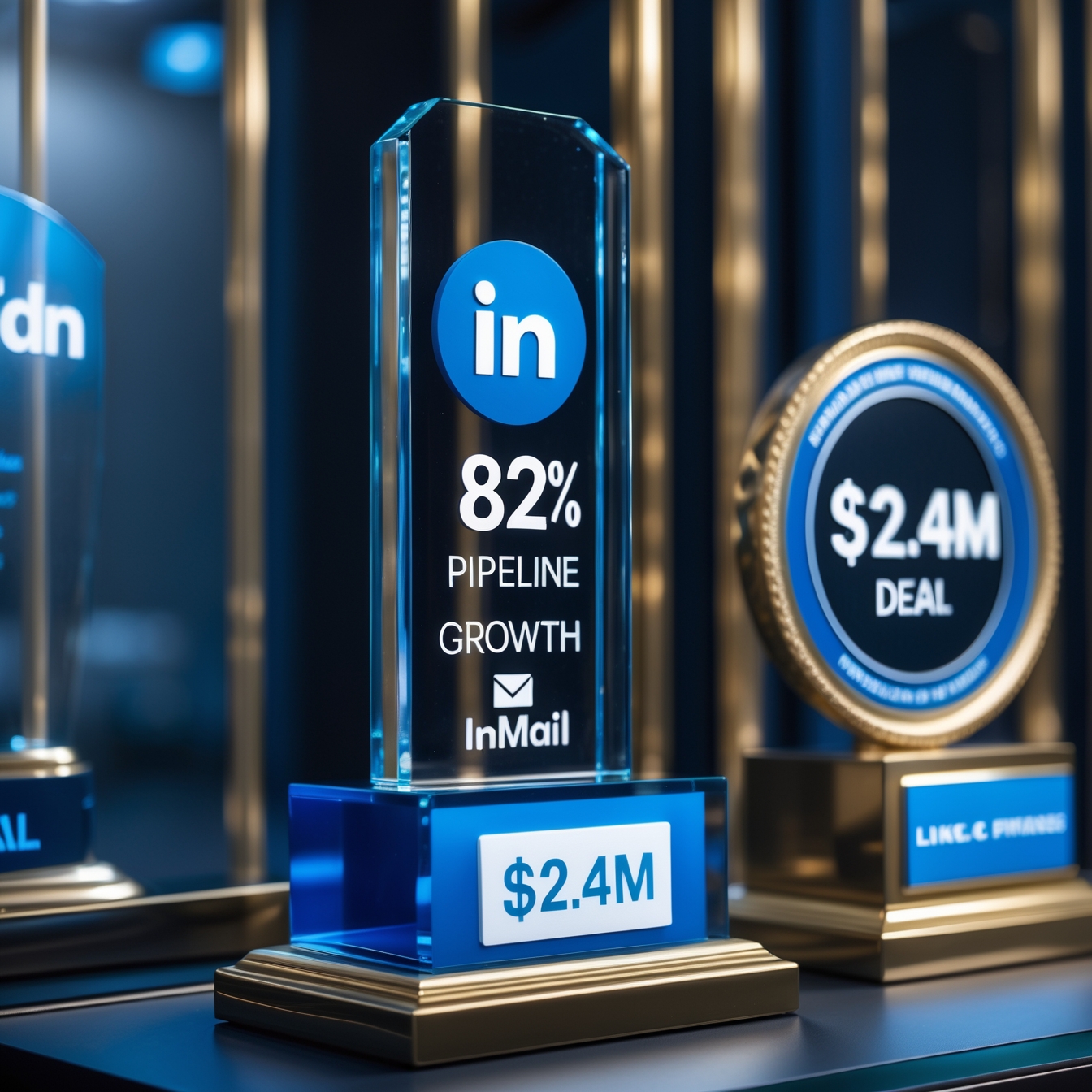Glass trophy case showcasing LinkedIn ABM successes: pipeline growth trophies, closed deal plaques, and engagement awards in corporate blue/gold