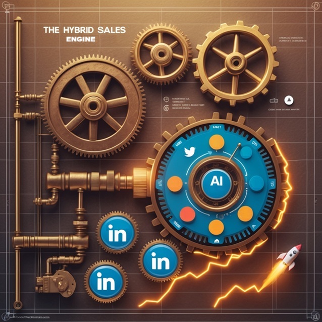 Retro-futuristic gear system merging traditional sales tools (phone, handshake) with LinkedIn social selling (posts, analytics). Sparks fly at integration point