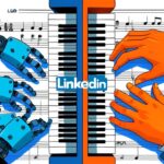 Split-screen piano illustration: robotic hands (blue) play automated LinkedIn messages, while human hands (orange) add personalized jazz notes. LinkedIn logo on sheet music