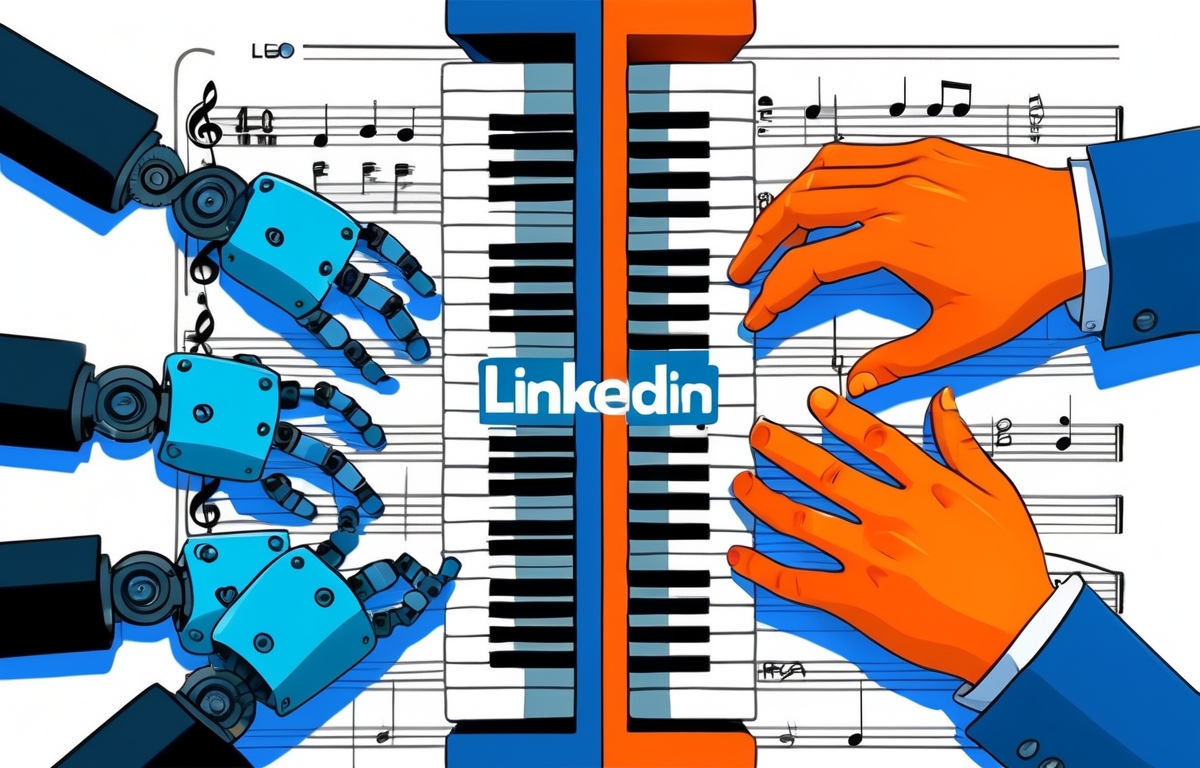 Split-screen piano illustration: robotic hands (blue) play automated LinkedIn messages, while human hands (orange) add personalized jazz notes. LinkedIn logo on sheet music