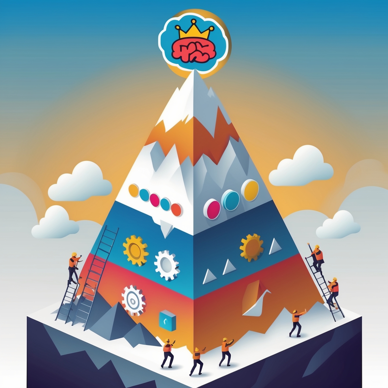 Isometric mountain showing corporate branding evolution: products (base), brand identity (mid), thought leadership (summit). Competitors trail below your flag