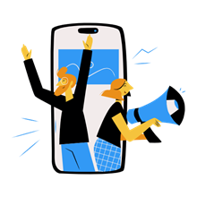 Digital artwork showing two enthusiastic figures coming out of a smartphone, one holding a megaphone