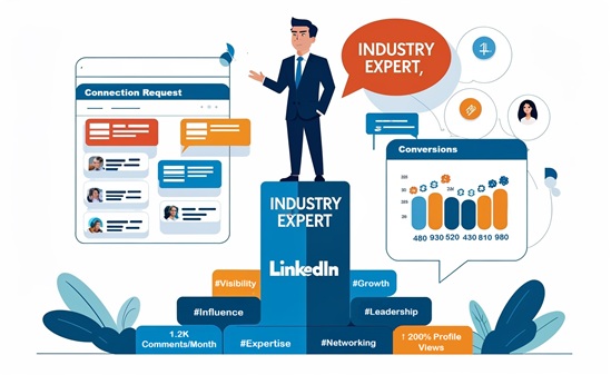 Build Authority with Consistent Content Professional standing on a podium made of LinkedIn posts, with a content calendar and audience growth metrics visible.
