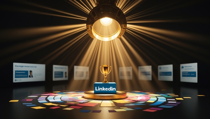 LinkedIn Brand Spotlight - From Hidden to Industry-Renowned Dramatic stage spotlight shines on a LinkedIn Company Page, illuminating floating 'Top Voice' badges, Forbes/Bloomberg media logos, and conference invitations while competitor profiles fade into darkness
