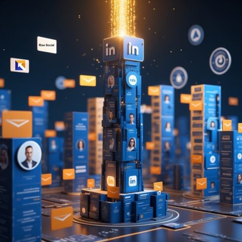 LinkedIn Brand Dominance Visualization Futuristic city of LinkedIn profiles with your branded tower emitting light that attracts connections, media features, and top search rankings