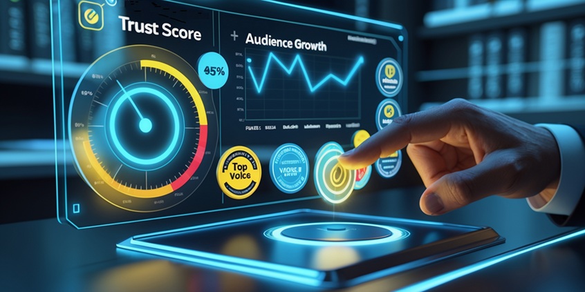 LinkedIn Authority Dashboard - Measure & Activate Your Influence Futuristic holographic dashboard displays LinkedIn authority metrics: Trust Score dial rising to 95%, live audience growth graph, and floating 'Top Voice' badges. A hand presses the glowing Rise Social 'Activate Authority' button.