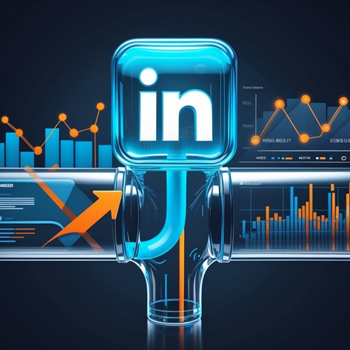 LinkedIn Brand Story Pipeline - Content That Converts Transparent LinkedIn logo functioning as a pipeline, with branded content flowing through it and transforming into lead forms, traffic spikes, and CRM contacts, powered by Rise Social's system