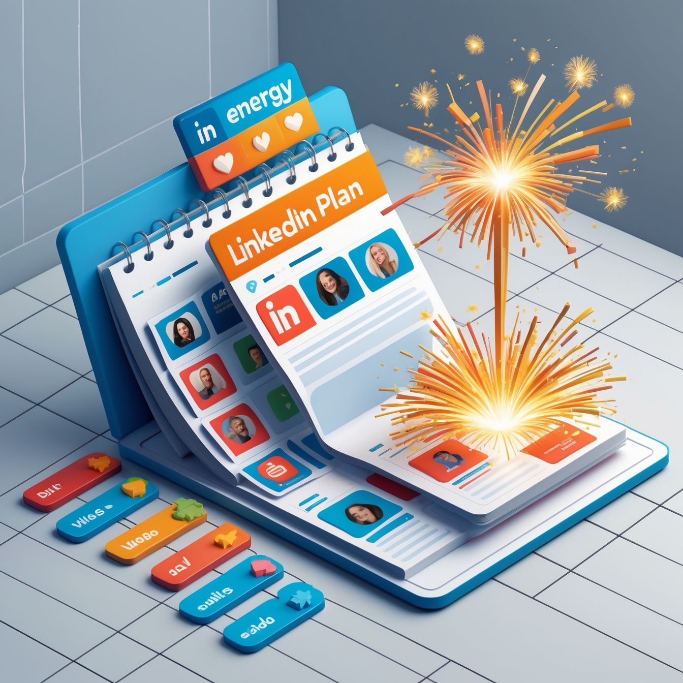 Strategic LinkedIn Content Calendar with Engagement Burst – Vector Illustration Flat-style illustration of a LinkedIn content calendar with scheduled posts exploding into likes and comments, symbolizing strategic LinkedIn social media management