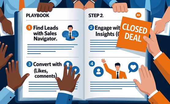 Your Team's Blueprint for LinkedIn Sales Success Open playbook showing LinkedIn sales steps (find leads, engage, convert) overlaid on diverse sales team high-fiving, with a 'Closed Deal' sticky note visible