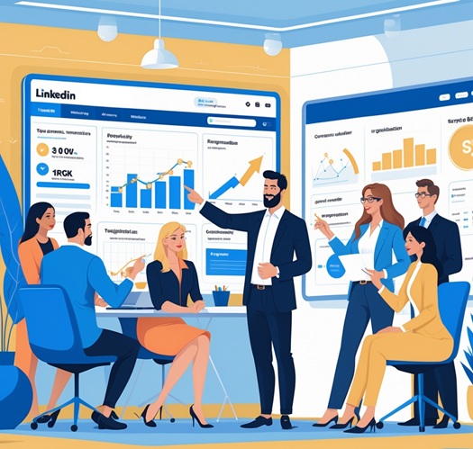 Expert-Led LinkedIn Strategy Consultation A professional consultant guiding a client through a LinkedIn strategy session, with analytics screens and planning documents visible