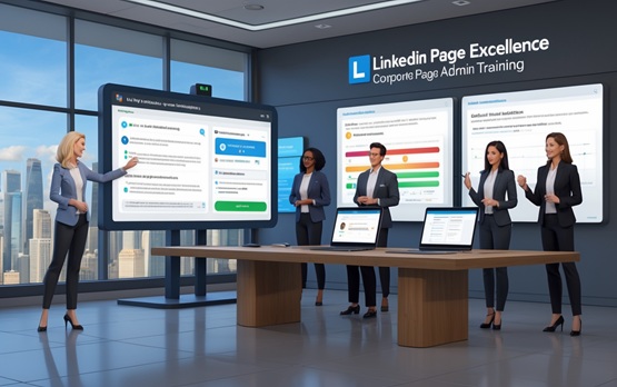 Hands-On LinkedIn Page Optimization Session Diverse team of marketers optimizing a LinkedIn company page, using moderation tools, competitor benchmarks, and case studies in a professional workshop