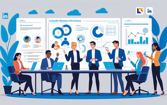Collaborative LinkedIn Mastery Workshop Illustration of diverse business professionals collaborating and brainstorming in a modern office during a LinkedIn workshop, with laptops, a whiteboard, and LinkedIn interface elements in the background.