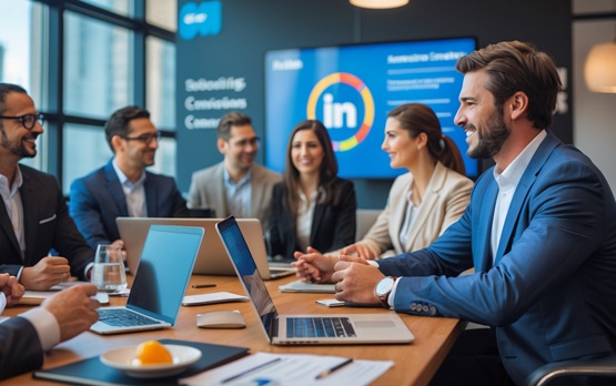Your Team, Mastering LinkedIn Social Selling Diverse sales team actively practicing LinkedIn social selling strategies around a dashboard. Members analyze engagement metrics, draft InMail messages, and celebrate connection notifications in a modern office setting.