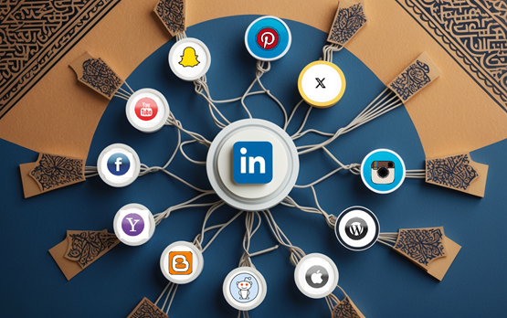Your Complete Arabic Digital Ecosystem: One Partnership, Every Touchpoint Covered An interconnected Arabic digital marketing network with LinkedIn at its core, extending to social apps, e-commerce sites, and messaging platforms, all woven with cultural motifs