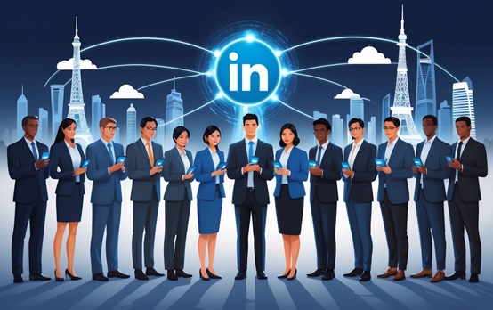 Global Team Engaged in LinkedIn Localization Strategy Meeting Diverse professionals in business attire stand in a circle, each holding phones displaying LinkedIn posts in different languages (Arabic, Japanese, Spanish). Glowing light trails connect their devices to a central LinkedIn logo, with iconic landmarks (Eiffel Tower, Tokyo skyline, Dubai Marina) subtly visible in the background. Represents cross-cultural business communication