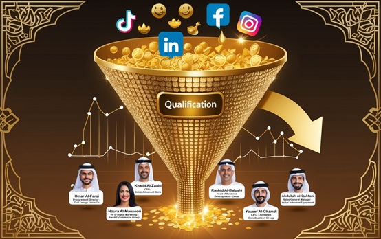 Premium Arabic Lead Generation: Qualifying High-Value GCC Clients 3D golden sales funnel illustration in Arabic: Social platforms (LinkedIn, Snapchat) feed qualified leads (Saudi/Emirati executives) through an AI filter, framed by arabesque conversion graphs
