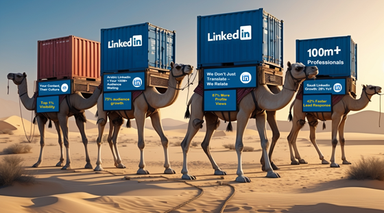 The LinkedIn Caravan: Your Culturally Optimized Route to 100M+ Arab Professionals A modern data caravan with camel-shaped trucks carrying LinkedIn localization services across a desert to a city labeled '100M+ Arabic Professionals