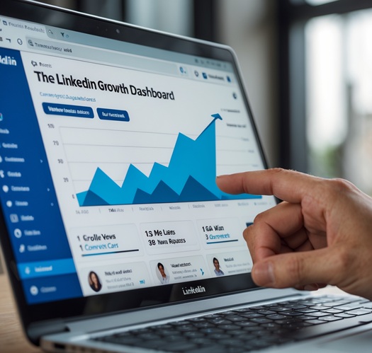 Data-Driven LinkedIn Success Metrics A laptop screen showing LinkedIn analytics with soaring engagement graphs, and lead notifications