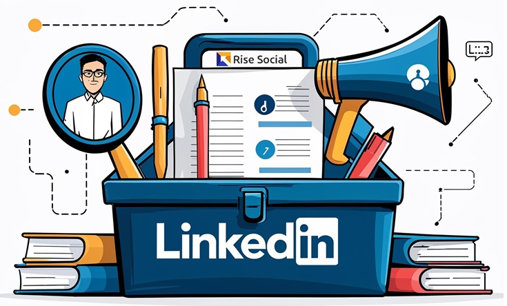 Your Team’s LinkedIn Success Toolkit A 3D toolbox with LinkedIn tools like a megaphone for content and a magnet for leads, symbolizing actionable training