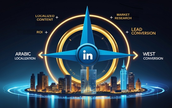 Navigating Global LinkedIn Success: Your Compass for Arabic Market Expansion A futuristic compass with needle pointing to Arabic LinkedIn logo, surrounded by directions labeled 'English Content,' 'Arabic Localization' (highlighted in gold), 'Market Research,' and 'Lead Conversion.' Base shows North American city silhouettes, with inner ring of GCC country flags and outer ring displaying LinkedIn metrics