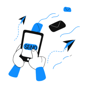 Connect with Us Illustration of hands holding a smartphone with a "SEND" button, surrounded by flying paper planes and envelopes, symbolizing digital communication and outreach