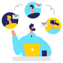 Illustration of a person with a laptop communicating via email with three diverse individuals, emphasizing connection with Arabic speakers