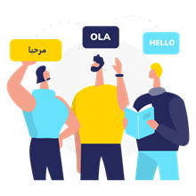 Illustration of three people with speech bubbles containing "Ola," "Hello," and "مرحبا" (Marhaba)