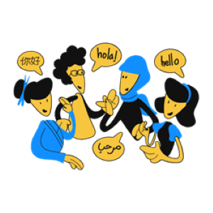 Illustration of five stylized figures with speech bubbles containing greetings in Chinese, Spanish, English, and Arabic ("مرحبا").